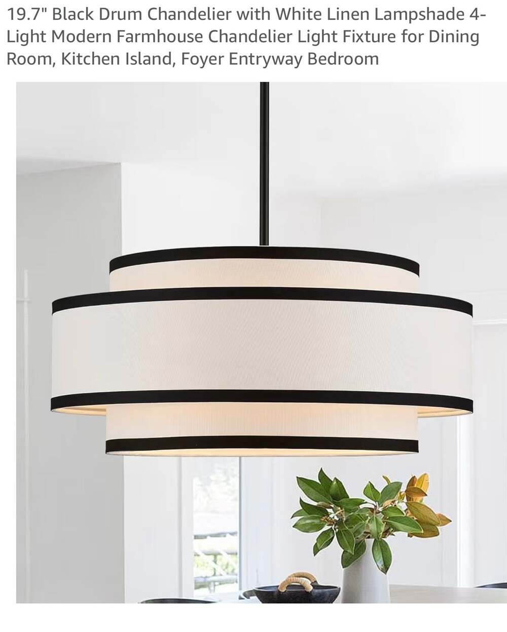 Tunkayli 25.6" Black Drum Chandelier with White Linen 6-Light Modern Farmhouse P